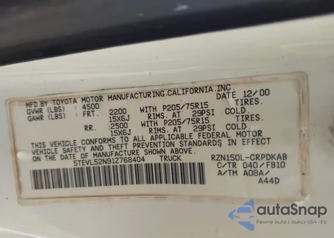 2001 Toyota Tacoma из США, поврежденный, VIN 5TEVL52N91Z768404